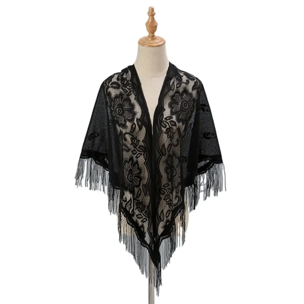 Women Vintage Shawl Tassel Patchwork V-Neck Cardigans Shawl Party Dinner Top Scarf Shawls Mesh Cloak Capelet Fringes