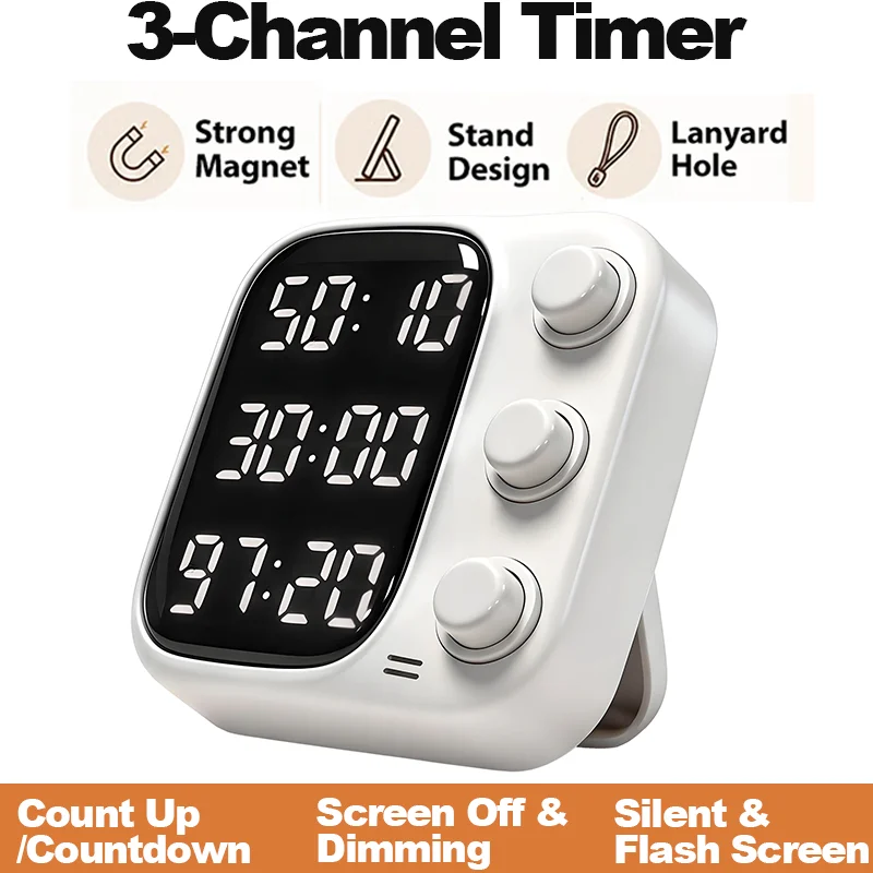 3-Channel Digital Kitchen Timer 99Min Countdown Silent Timer Rechargeable Magnetic Study Timer With Stand For Office Cooking