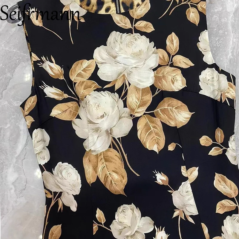 Seifrmann 2025 秋の新着シルクノースリーブドレス秋ホワイトローズフラワーブラックボトムベストスカートシルク痩身