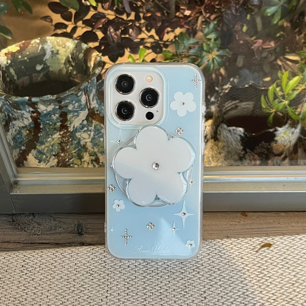 

Простой нежный синий стереоскопический чехол со стразами и держателем, магнитный чехол для телефона для iPhone 16, 15, 14 Pro Max