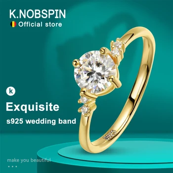 KNOBSPIN 여성용 D 컬러 모이사나이트 반지, 실험실 성장 다이아몬드, 인증서 포함, 18k 도금, s925 스털링 실버 결혼 반지, 6.5mm 