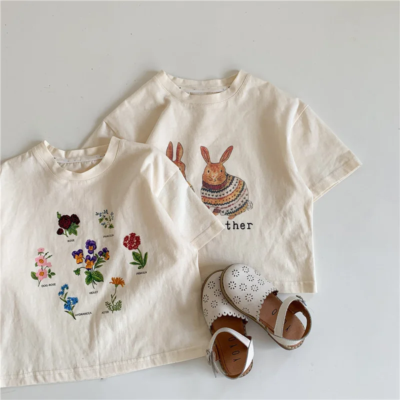 2152B Children T Shirt 2022 Summer Children's Short-sleeved Cartoon Tops Boys and Girls Rabbit Flower Printed T-shirt