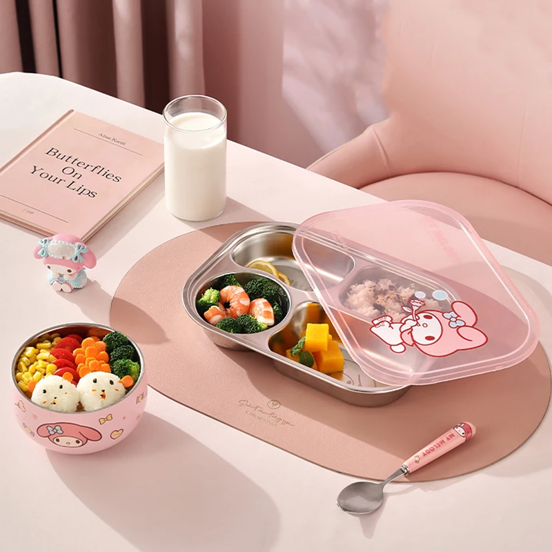 Hello Kitty Rice Bowl Grid Dinner Plate Sanrio Spoon Tableware Stainless Steel Bowl Divided Plate Cute Child Tableware Gift