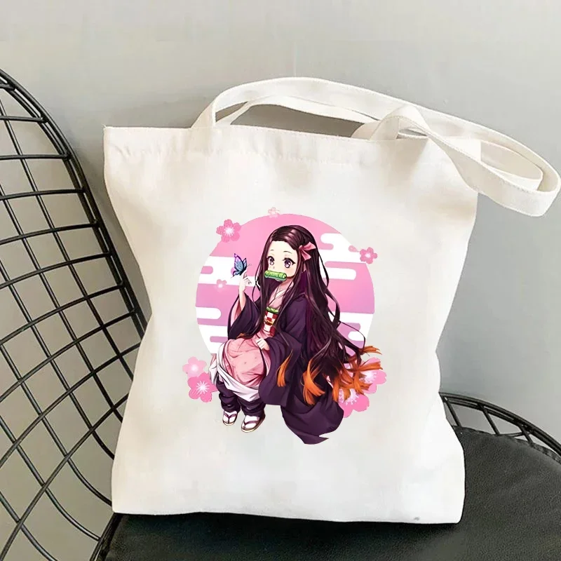 

Hot Anime Kamado Nezuko Printing Shoulder Bag Women Fashion Canvas Harajuku Bag Black White Handbag