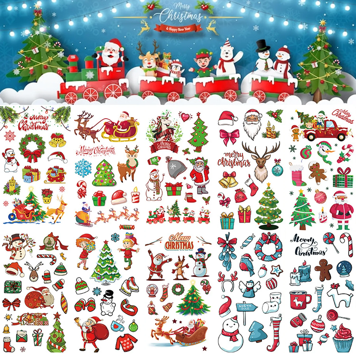 10 Pack Christmas Tattoo Sticker Fake Tattoo Stickers Cartoon Temporary Tattoos Kids Arms DIY Body Art Cartoon Collection