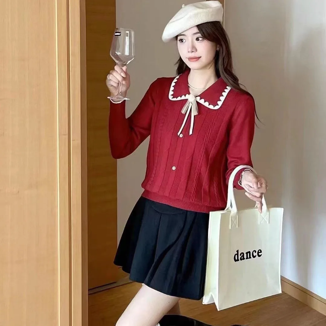 

Модный корейский милый кукольный воротник, вязаный топ с длинными рукавами, женская одежда, декоративный дизайн пояса, v-образный вырез, рукав в полный рост B344