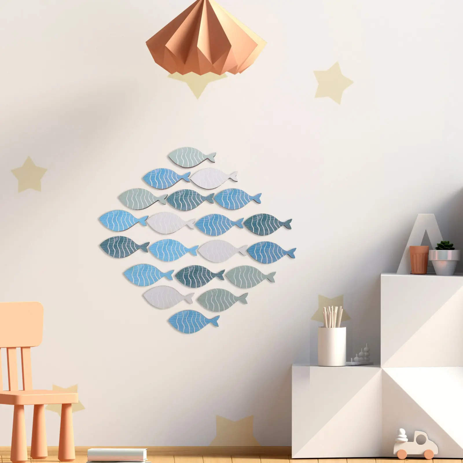 20Pcs Wood Fish Wall Hanging Decor Nautical Beach Style Coastal Wood Fish Decorations for Home Bathroom Lake Ocean Wall