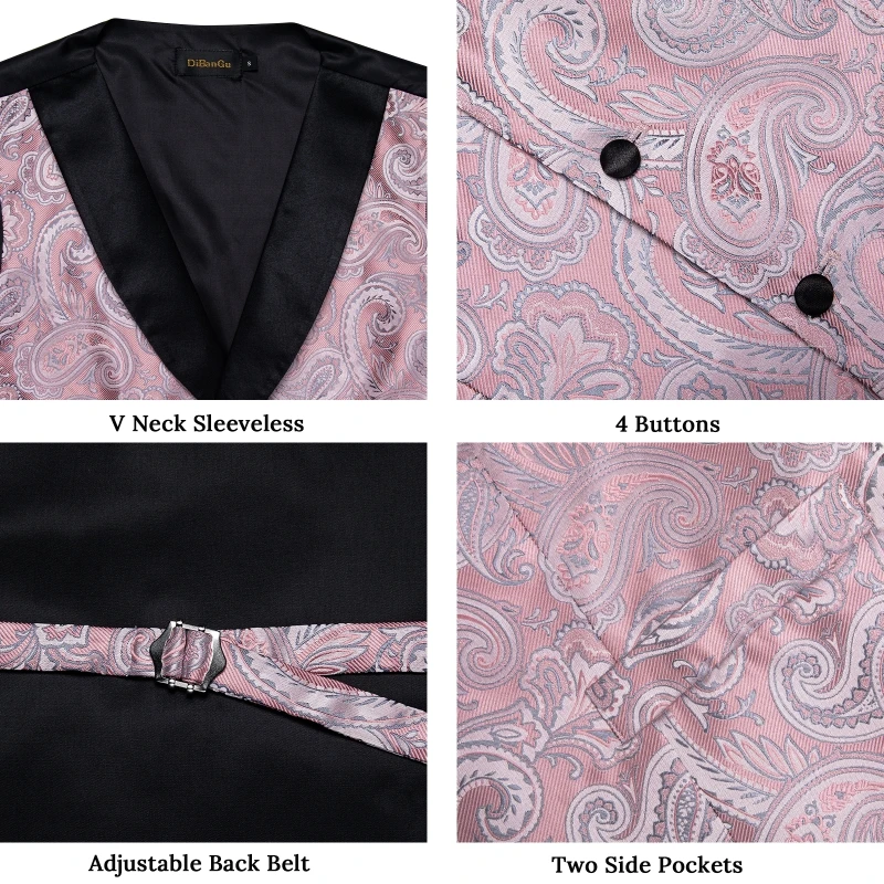 Chaleco de traje Paisly rosa para hombre, conjunto de 5 piezas, chaleco de esmoquin y corbata con bolsillo, gemelos cuadrados, Clips de corbata para boda, ropa, chaqueta, chaleco