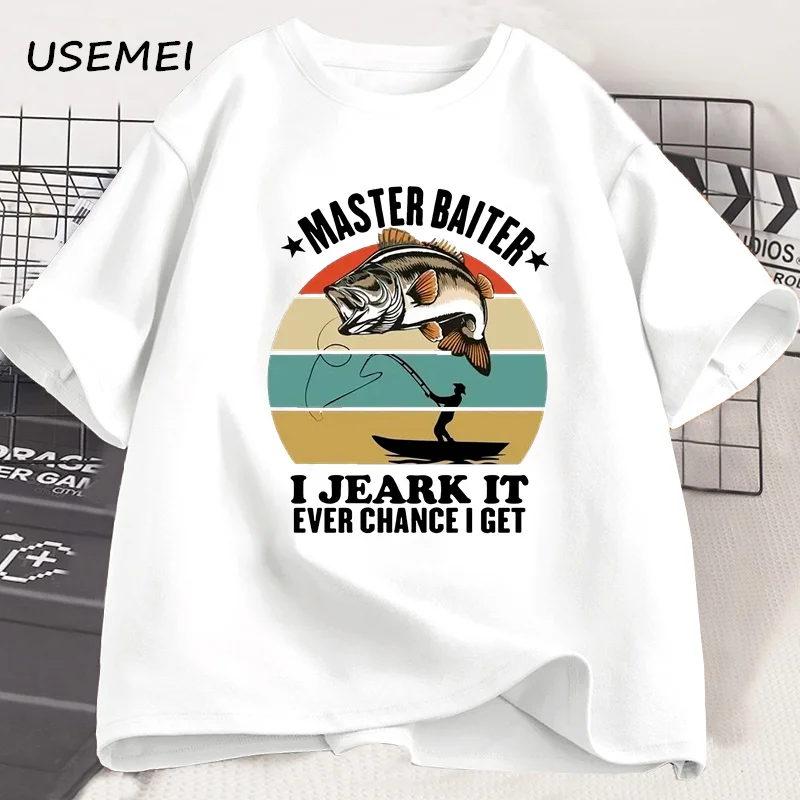 Master Baiter I Jerk It Funny Fish T-shirt Vintage Fisher Casual Graphic T Shirts Summer Round Neck Tees Father's Day Gifts