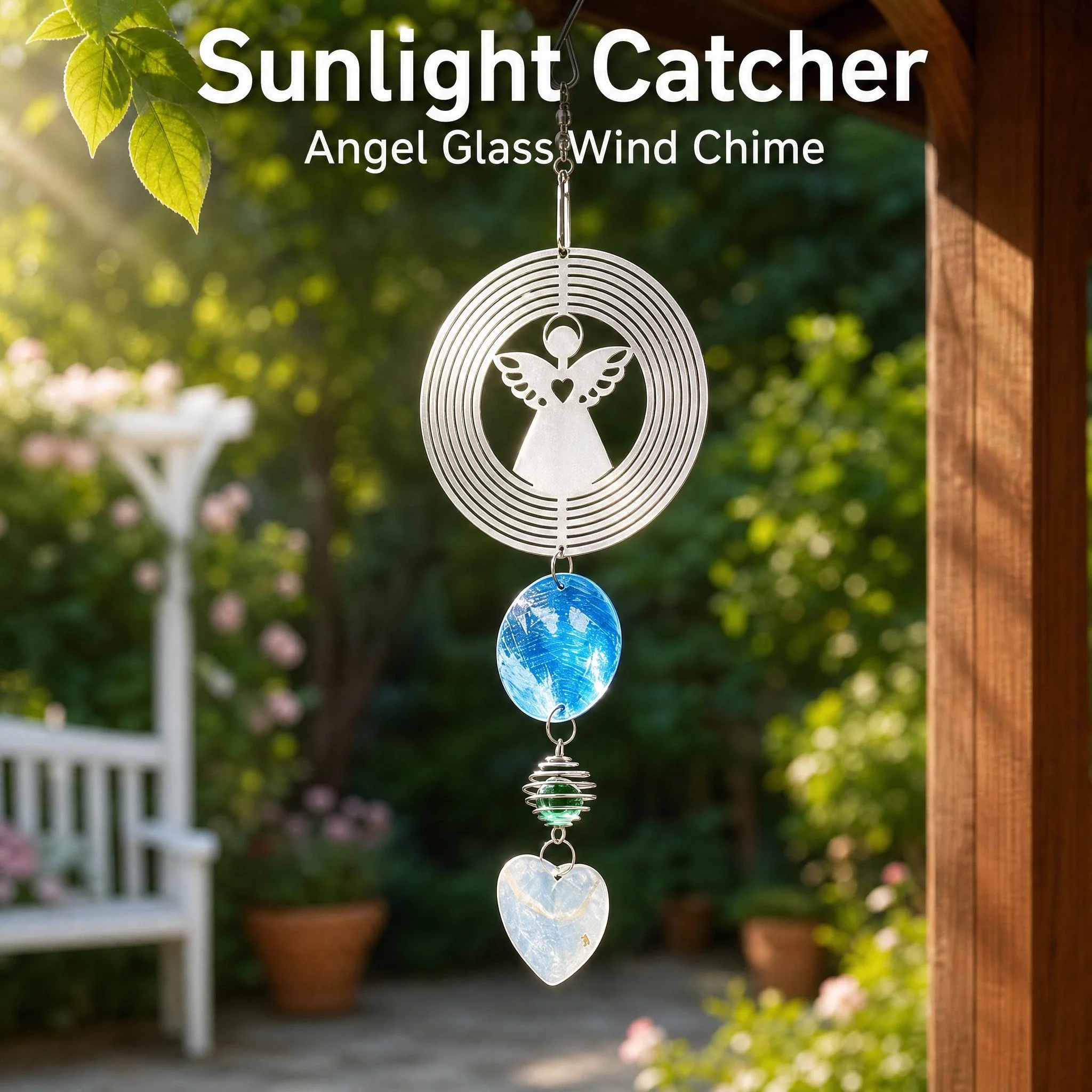 Silver Angel Heart Wind Spinner Suncatcher 32cm Concentric Ring Blue Glass Bead Garden Window Hanging Memorial Ornament Gift