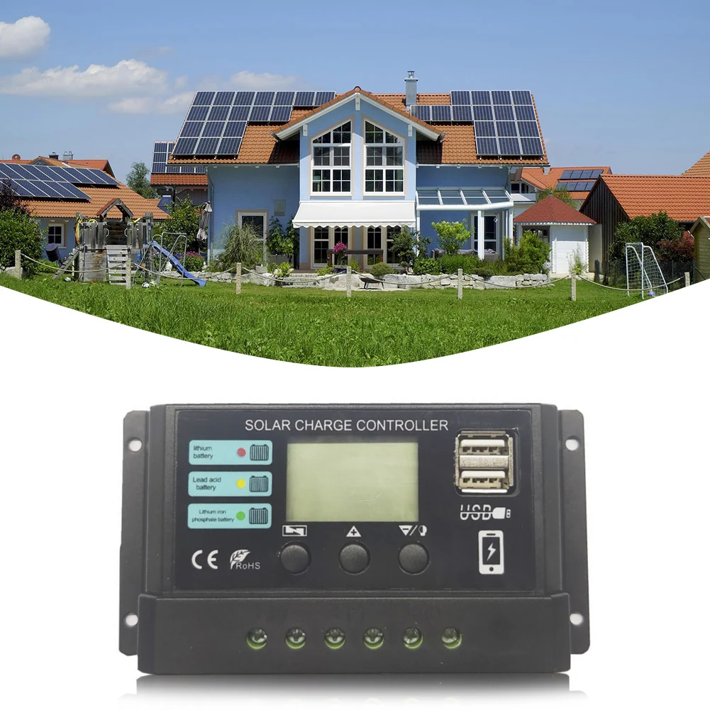 10A/20A/30A Solar Panel Charge Controller Dual USB Port 12V 24V Solar Panel Voltage Regulator for Lithium Iron Phosphate Battery