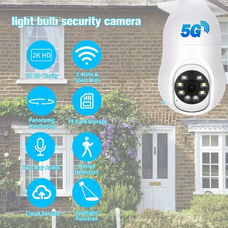 Câmera de Vigilância Doméstica Inteligente Sem Fio, WiFi, 3MP, Lâmpada E27, Zoom Digital 4X, Detecção Humana AI, Cor Inteira, Visão Noturna, Câmeras de Vigilância