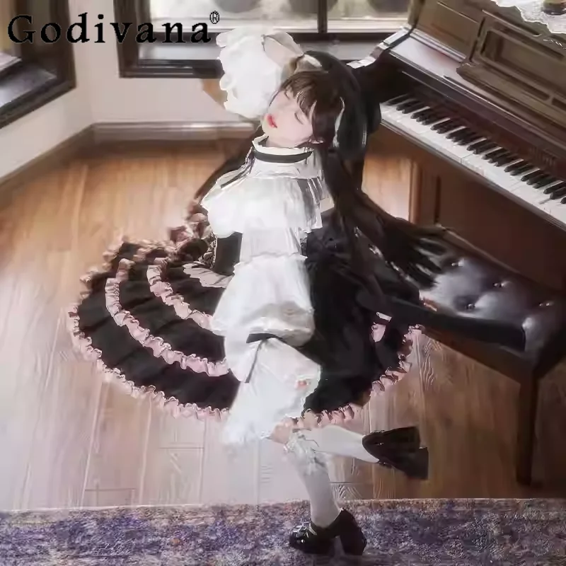 

Elegant Lolita Black Pink High Waist A-line Cake Strap Dresses Autumn Winter Ruffles Sweet Princess Big Bow Trailing Cake Dress