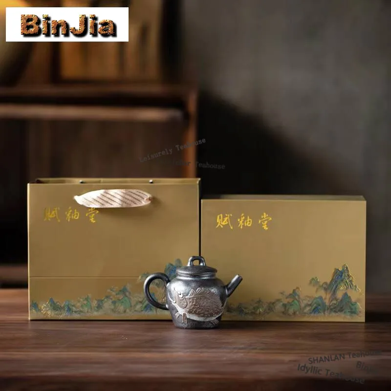 80ML Zhiye Firewood Burns Rich Fish Teapot Handmade Rock Minerals Pot Tea Soaking Kettle Customized Teaware Supplies Collection