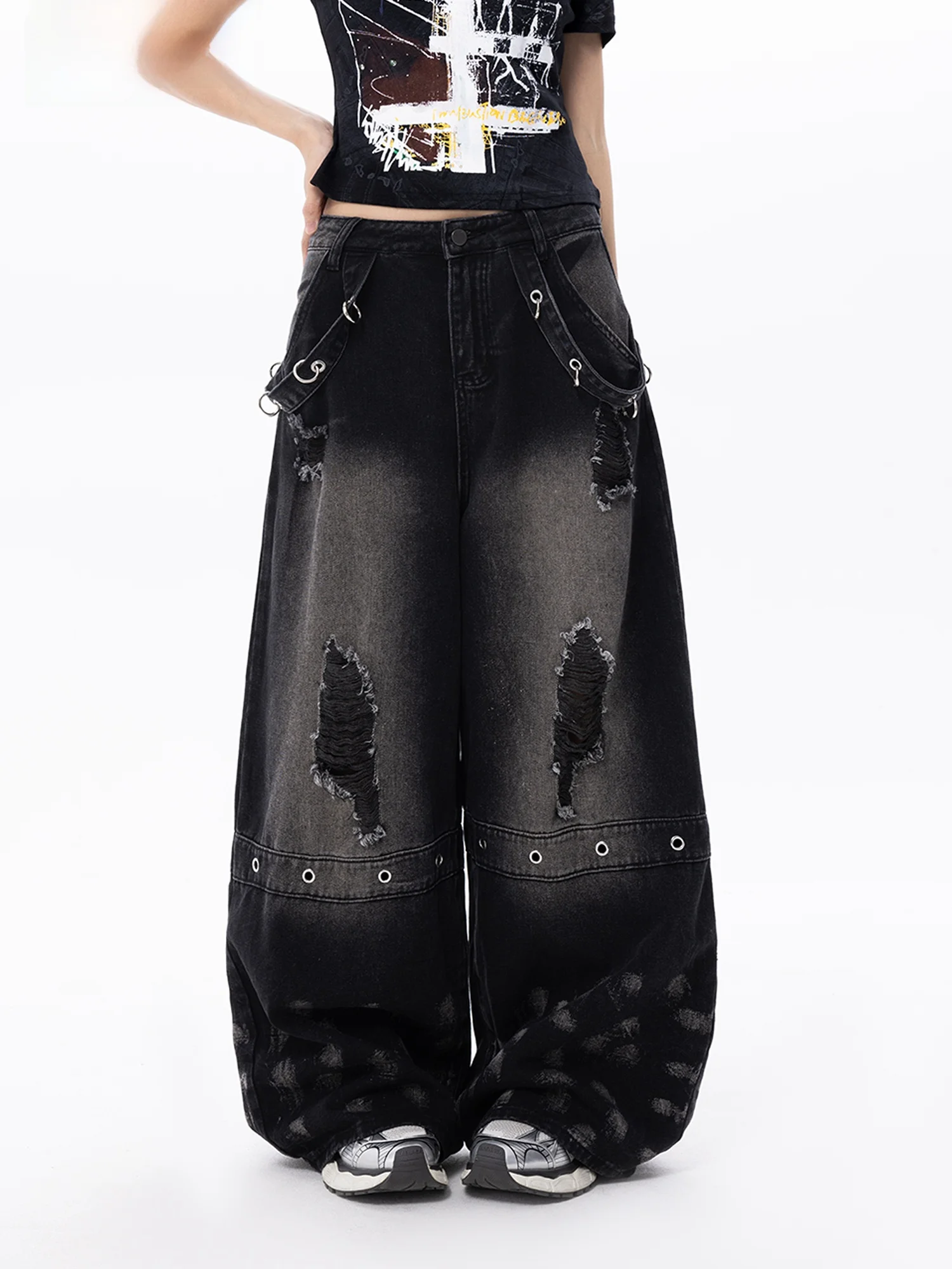 

Black Heavy Duty Hole Wide Leg Jeans Women's New 2026 E.D.X Brand Casual Washed Cotton Polyester Blend Spring Season