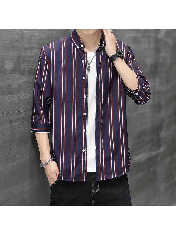 

Slim Fit Men's Stripe Shirt Short Sleeve Business Formal CleanFit Polyester Fiber Summer Casual Wear Easy Iron Process