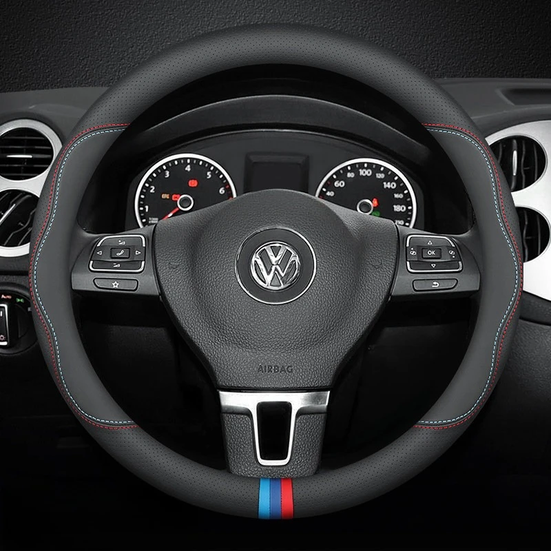 Black 15 Inch Leather Steering Wheel Cover, For VW Sharan Passat Caddy Touran Tiguan Golf Polo Atlas T-Roc T-cross Accessories