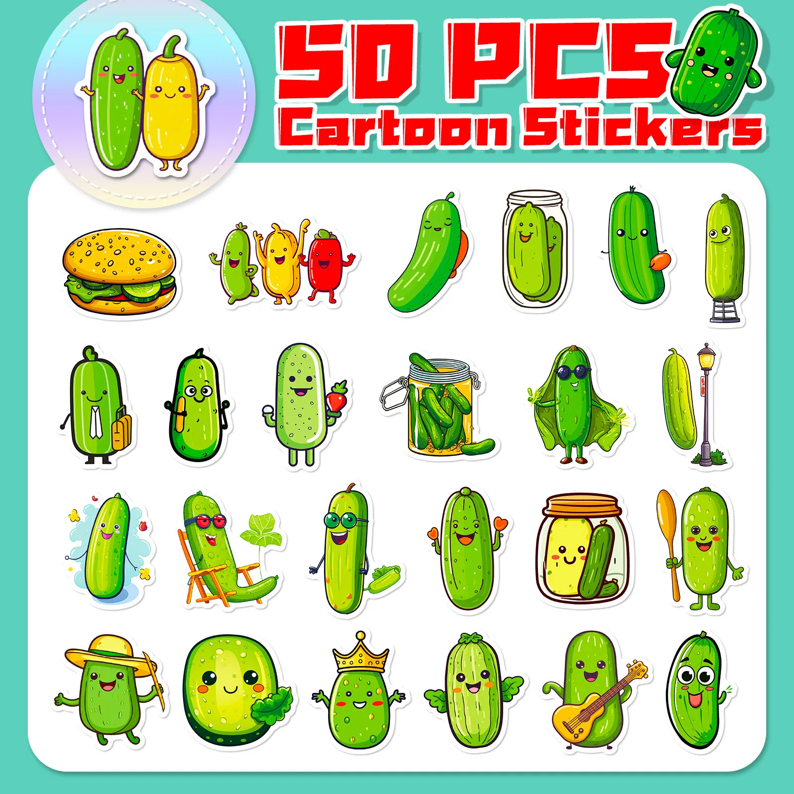 50PCS Pickled Cucumber Cartoon Graffiti Stickers Phone Guitar Laptop Notebook Suitcase Cup Waterproof Sticker Decals Kids Toy