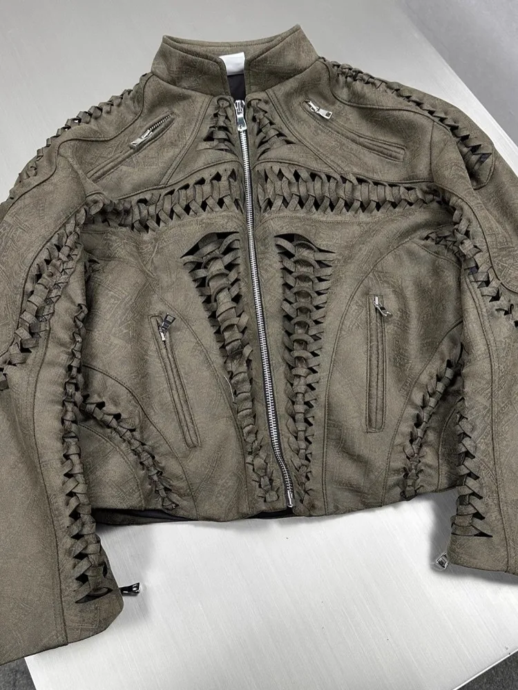 Punk Style Mens Weave Hollow Out Loose Fit Faux Suede Leather Jacket Stage Show Coat Stand Collar Handmade Motorcyle Outerwear