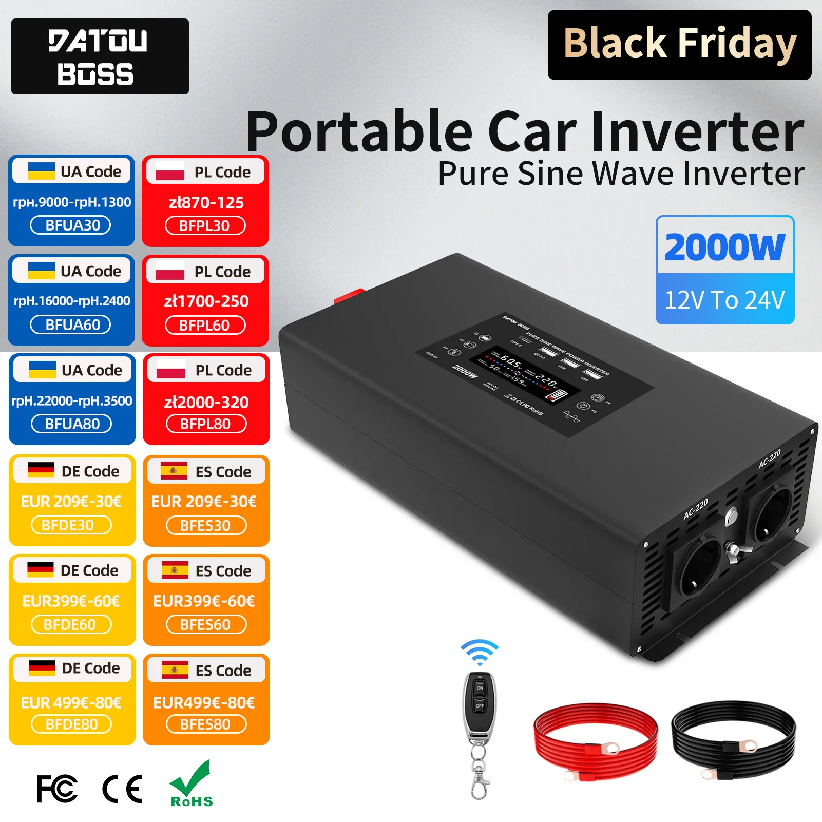 DATOUBOSS DN-03 Pure Sine Wave Inverter DC12V-60V to AC220V-240V Portable Car Inverter Continuous Power 2000W Peak Power 4000W