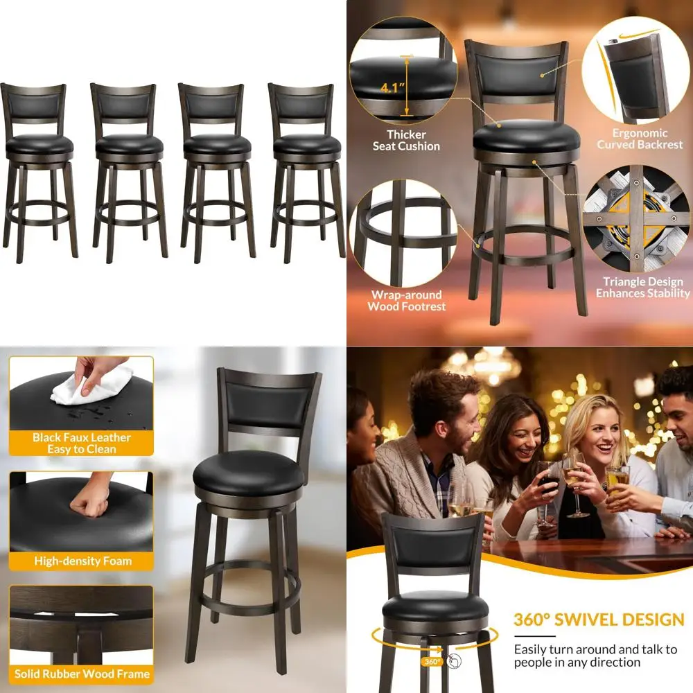 Conjunto de 4 26 bancos de bar com altura de balcão, couro sintético preto com encosto alto e estrutura sólida