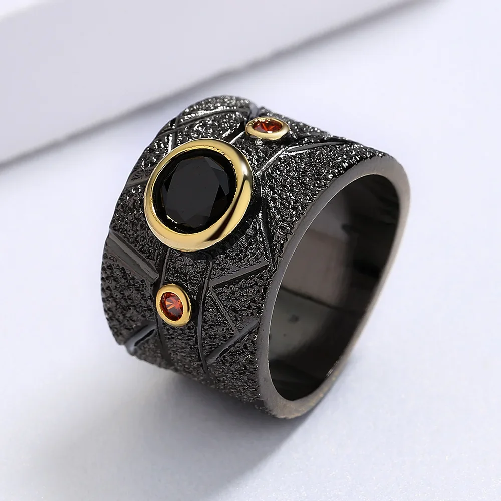 Unique Geometric Mosaic Black Zircon Ring 925 Silver Creative Black Gold Women Italian Jewelry Party Birthday Couple Ring