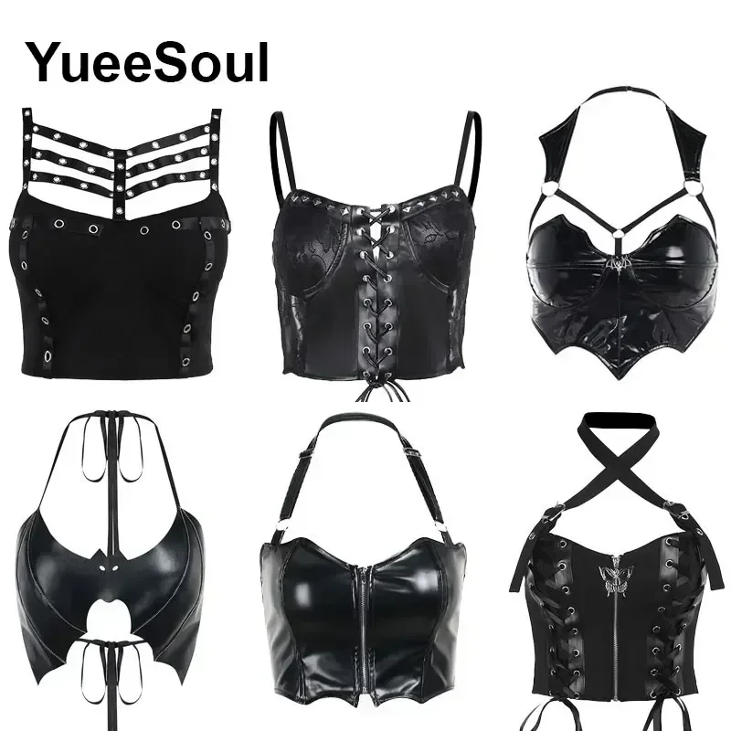 2024 Gothic Women Crop Top Skeleton Printed Black Corset Tops Sexy Aesthetic Grunge Fairy Core 90s Camisole Y2K Clothes