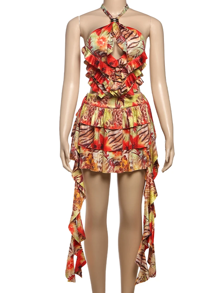 Vestido oco em camadas feminino, halter cruzado, estampa colorida, borla irregular, anéis de metal, costas nuas, férias de verão, bodycon