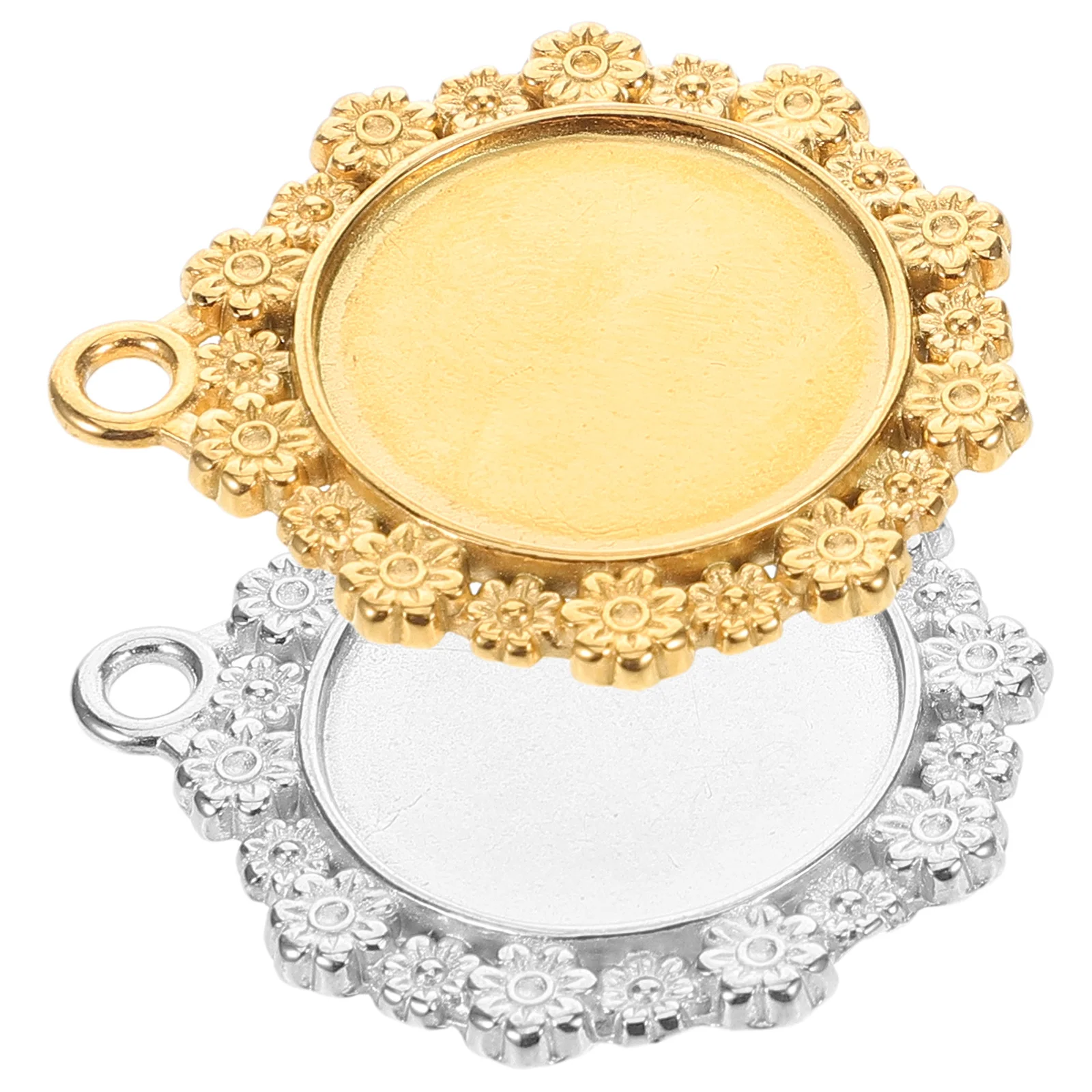 

2Pcs Jewelry Pendant Blank Round Tray DIY Stainless Steel Bezel Flower Edge Frame Setting for Necklaces Bracelets Earrings