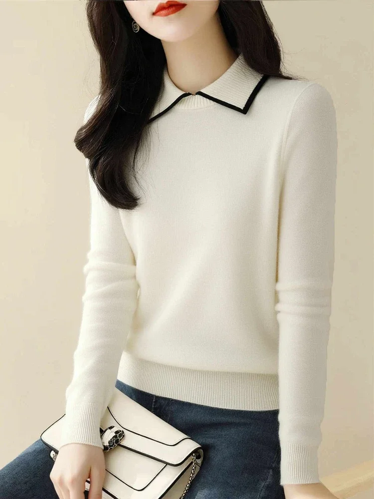 Korean Style Andy Fleece Turn Collar Women Sweater 2026 Autumn Winter New Elegant Slim Fit Pullover Youthful Knit Base Top