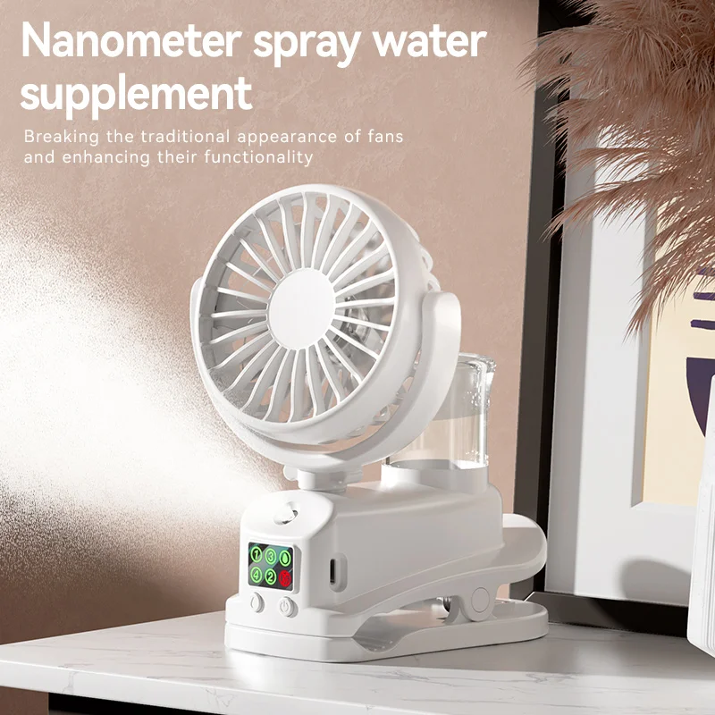 Four-speed spray fan with charging capability, mini fan with pedestal clip, suitable for home and office use, compact for outdoo