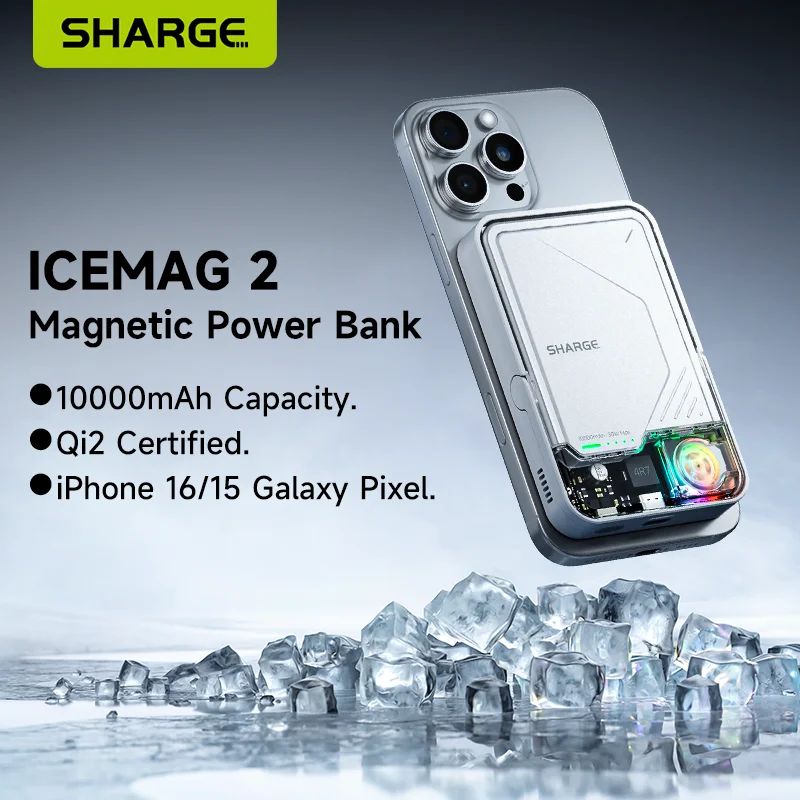 SHARGE ICEMAG 2 Power Bank Aktywne chłodzenie 10000 mAh Magnetyczny akumulator Qi2 Certyfikowany 15 W Przenośna ładowarka MagSafe do iPhone'a16