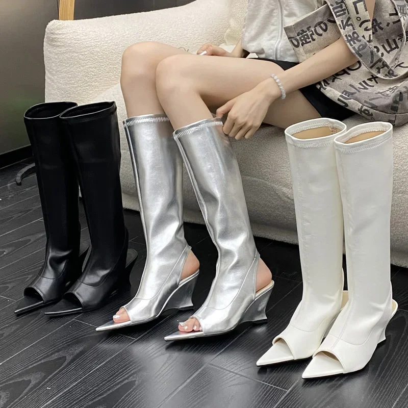 Eilyken Street Style Pointed Open Toe Women Knee-High Long Boots Fashion Wedges Heels Modern Booties Sandals Slingbacks Shoes