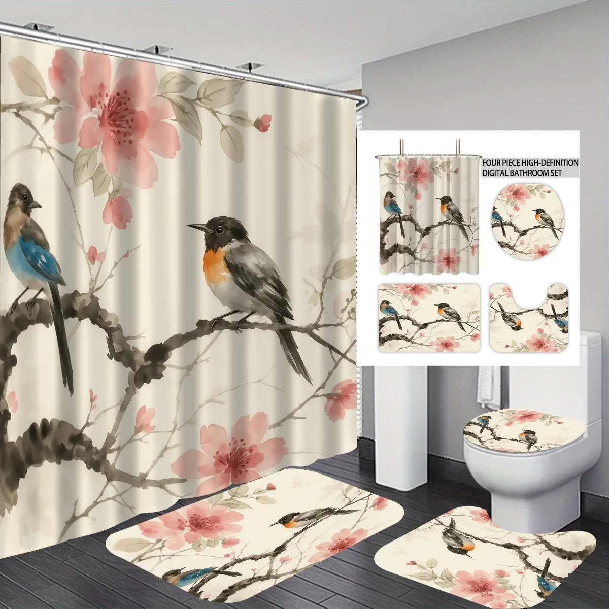 

1/3/4pcs Shower Curtain 3D Print Polyester Curtain for Bathroom Decor 4pcs Set Toilet Seat Cover Bathroom/U-shaped Floor Mat