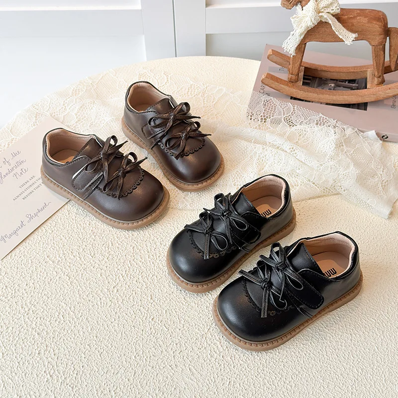 French Girl Shoe2026spring New Black Fashion Girl Leather Shoe Bow Princess Shoe Soft Sole Versatile Kids Shoesтуфли Для Девочки