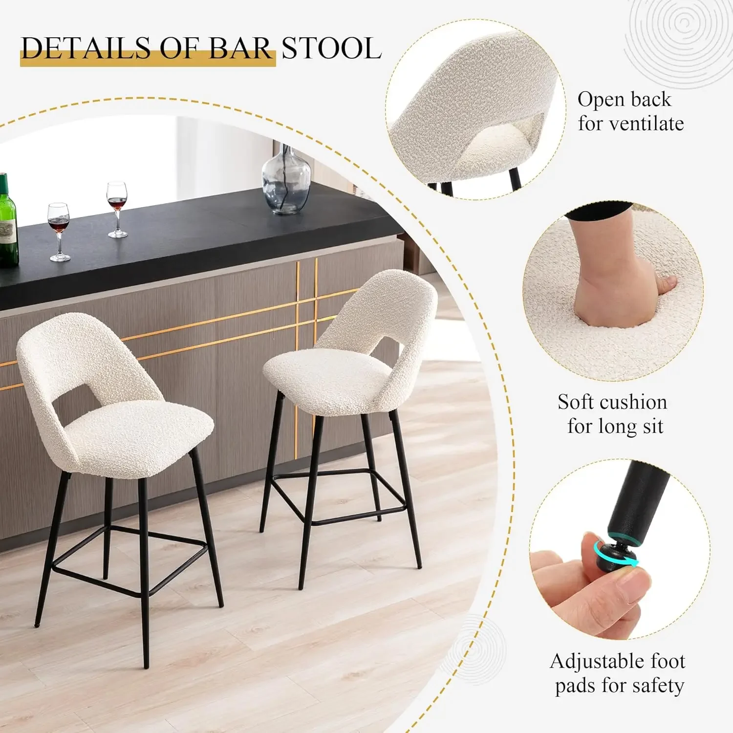 27’’ Boucle Bar Stools Set of 2, Upholstered Counter Height Stools with Open Back, Modern Barstools for Kitchen Island
