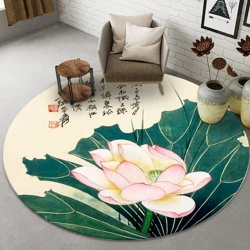 

Lotus Landscape Painting Round Carpet Chair Sofa Carpets Home Living Room Bedroom Bathroom Floor Mat Printed Home Decorations
