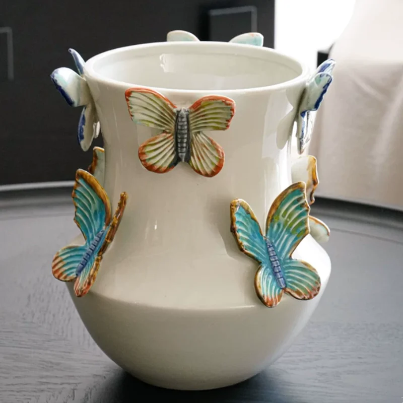 Ceramic Vase, Embossed Three-dimensional Butterfly Decorative Vase, Double Ear Ceramic Vase, Living Room Flower Arrangement