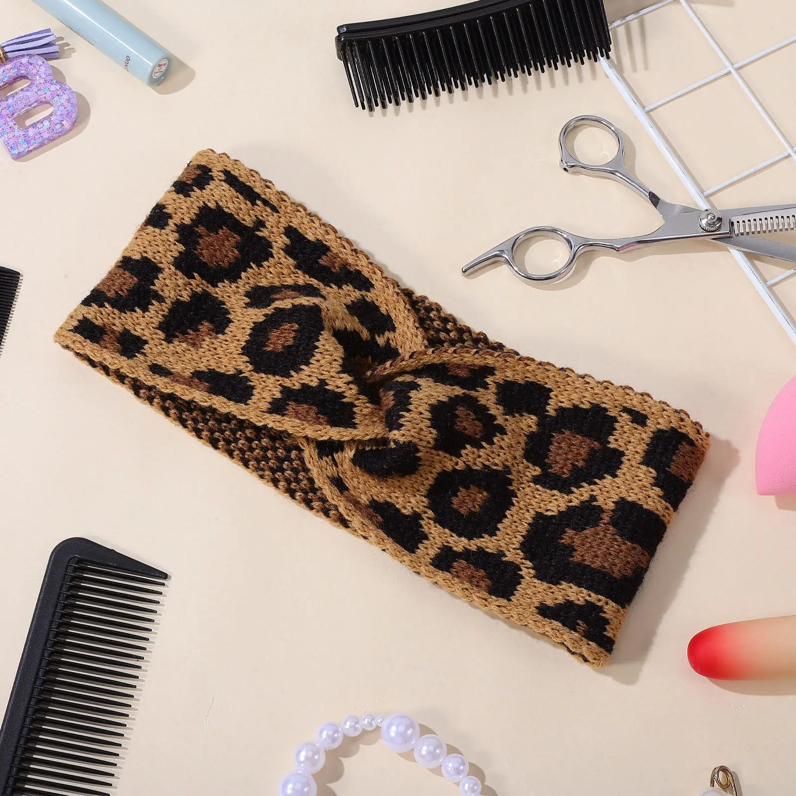 

Leopard Pattern Knitting Wide Headband One Size Elastic Warm Winter Women Hair Accessories Party Casual Daily Wear