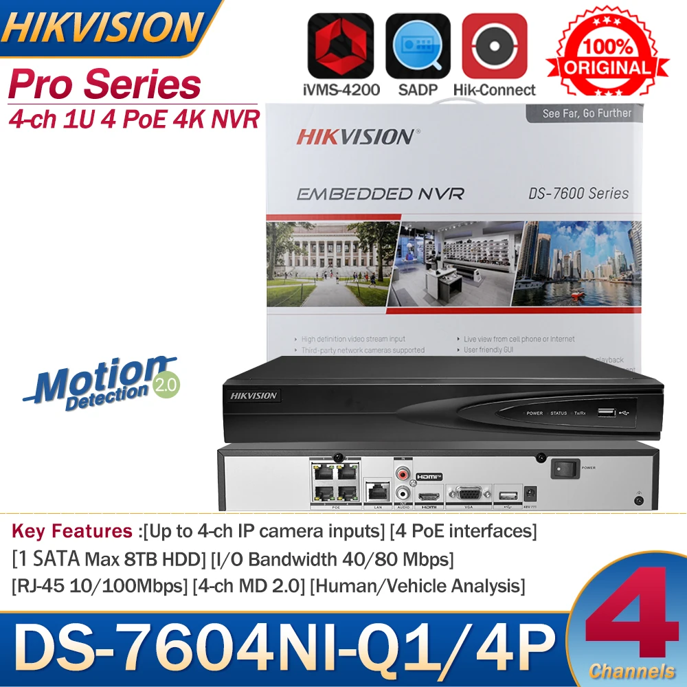 Hikvision NVR 4-ch 1U 4 PoE 4K NVR DS-7604NI-Q1/4P Up to 4-ch IP Camera inputs Network Video Recorder Support Third-party Camera