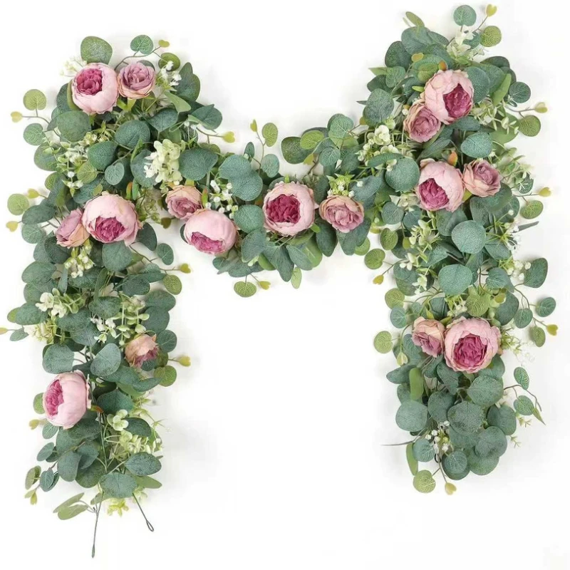 Artificial Peony Eucalyptus Wreath, Fake Silk Flowers Garland Vine for Home, Wall Hangings, Gardens, Arches, Wedding Party Decor