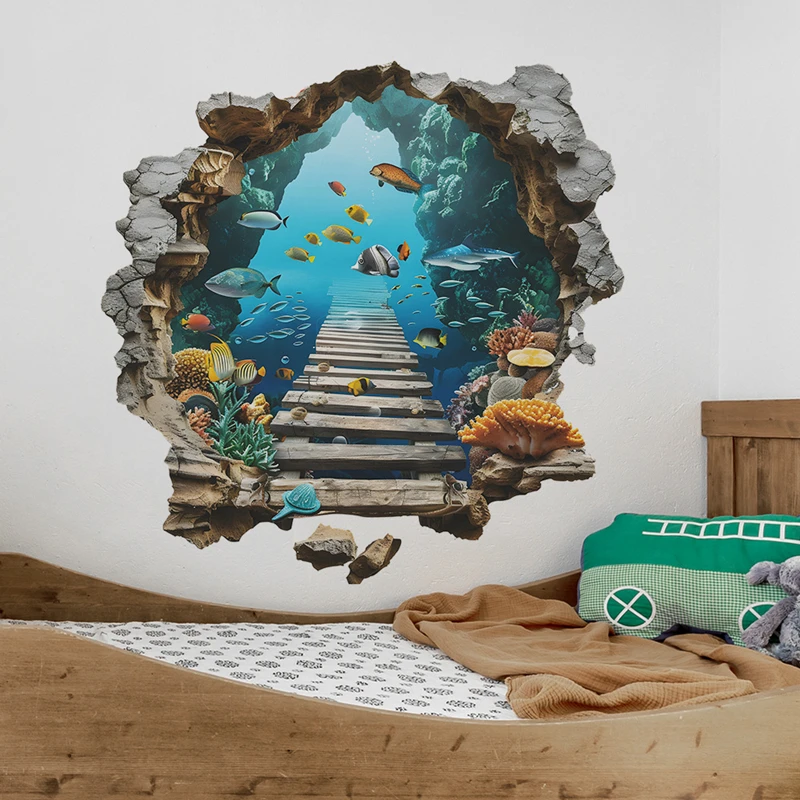

Broken Wall to Enter Seabed World Mural Stickers Home Decorations for Living Room Kids Bedroom Bathroom Sea View Floor Wallpaper