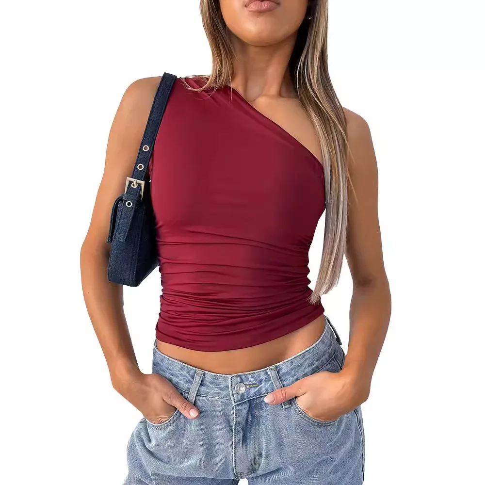 

Women's Single oulder Open Ba Pleated Vest Top T-irt Polyester Gauze Svel Super ort Pure Color Autumn Faion