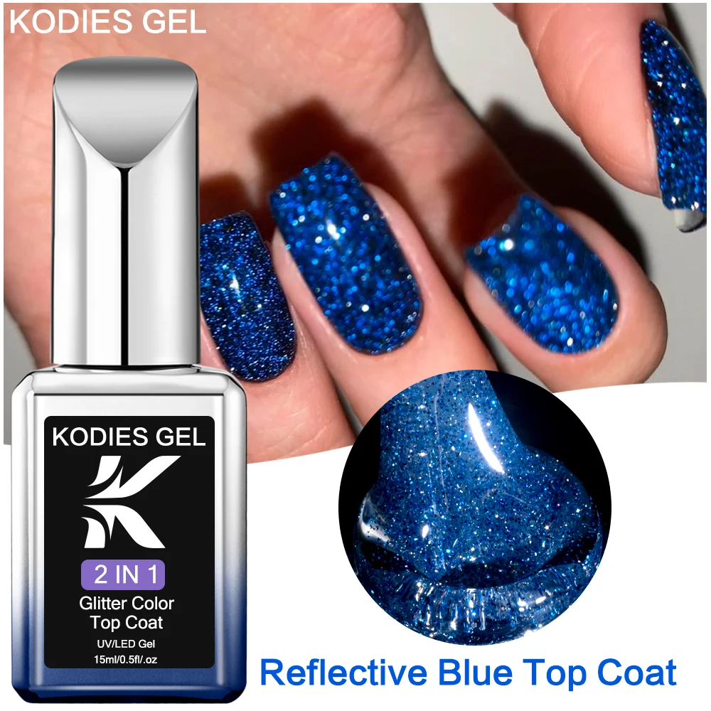 KODIES GEL Reflective Top Coat UV Gel Nail Polish 2 IN 1 Disco Flash Blue Glitter Gel Finish Semi Permanent Manicure Varnishes