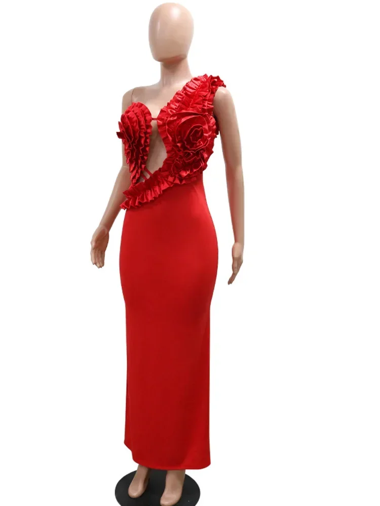 Vestidos midi longos recortados com detalhes rosas femininos glam sem mangas vermelho floral noite vestidos de festa ano novo vestido robe