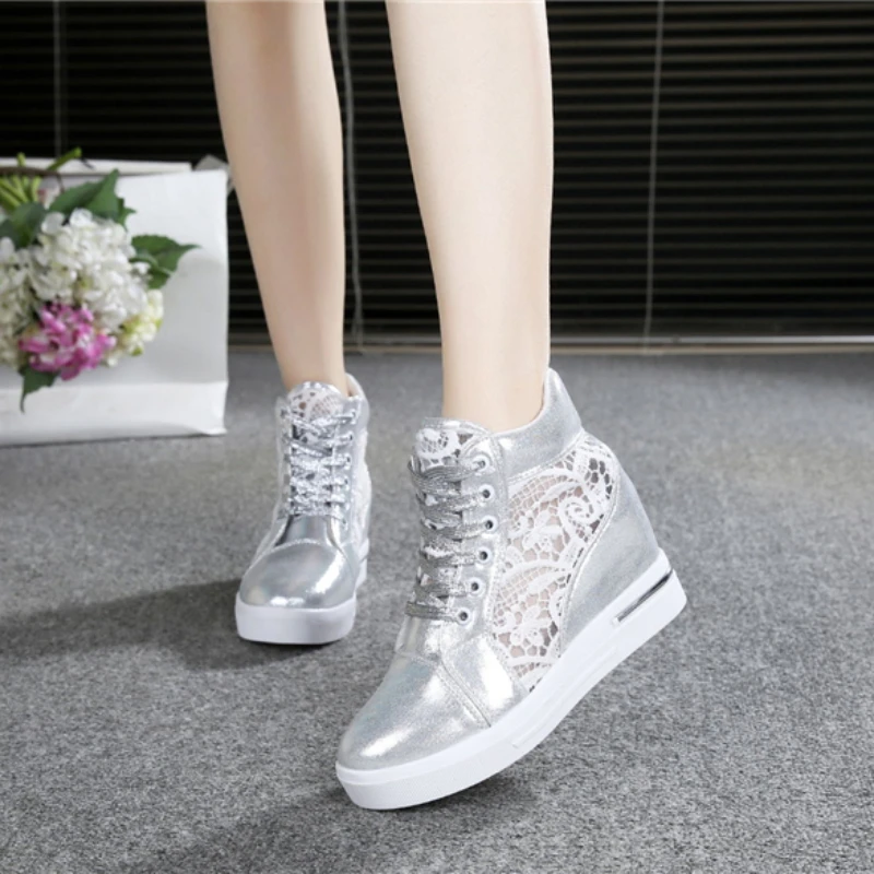 Women\'s Leather High-heeled Shoes Wedge Platform Sports Shoes Rubber Cloth Shoes Height Silver