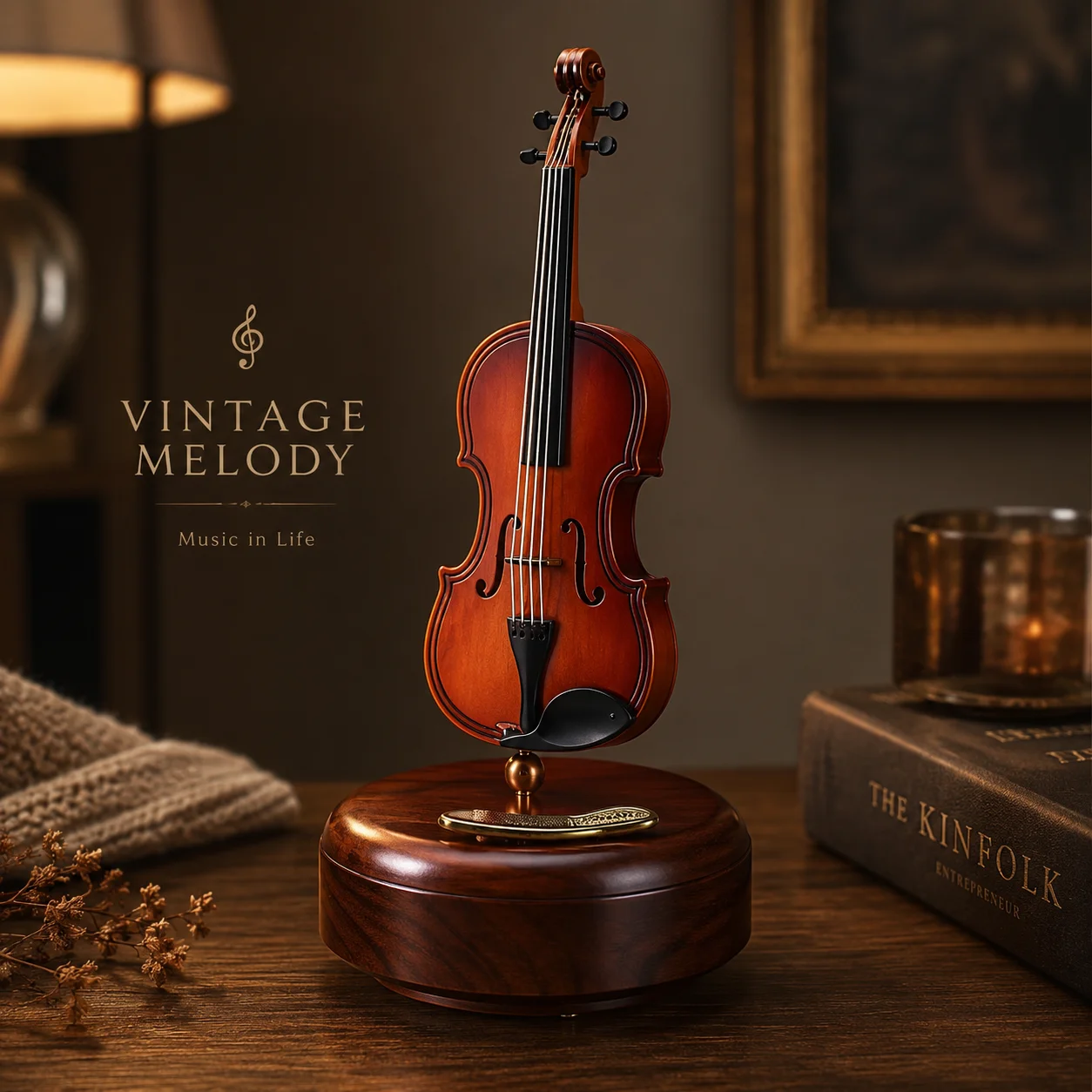 Vintage Violin Music Box Wooden Melody Box Rotating Instrument Desktop Decor Romantic Gift for Home Office