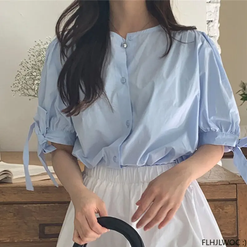 Retro Vintage Chic Korea White Blue Tops Blusas 2023 Women Korean Style Japan Girls Lace-Up Bow Tie Shirts Cute Sweet Blouses