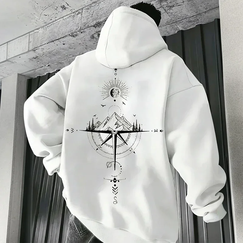 Vintage Compass Printing Hoodies for Men Hooded Long Sleeve Pullover Spring and Autumn Daily Casual Sports Tops Men's Clothes