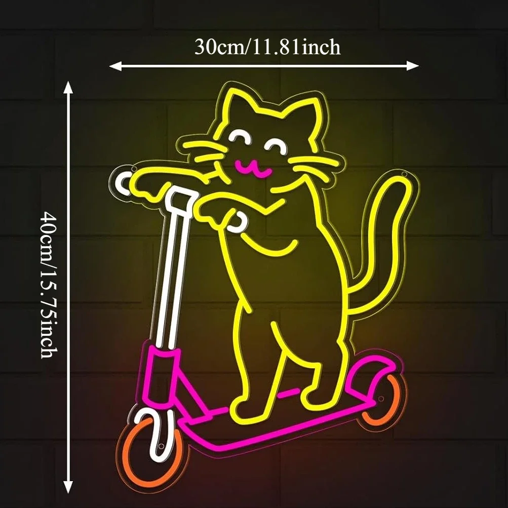 Funny Cat Riding Scooter Neon Sign LED Wall Art Yellow Pink Cute Animal USB Powered Dimmable Acrylic Glow Lamp Kids Room Decor